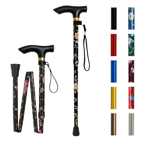 Home Hacks Adjustable Walking Stick Aluminium Folding Walking Stick for Men & Women Ergonomic Grip Anti-Slip Base Collapsible Disability Aids Walking Cane with Rubber Ends (Black Floral)