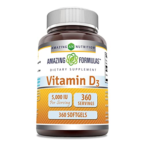 Amazing Formulas Vitamin D3 (Cholecalciferol) Supplement | 5000 IU per Serving | Softgels | Non-GMO | Gluten-Free | Made in USA (1 Pack | 360 Count)