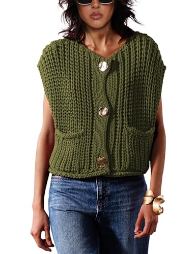 Sweater Vest for Women 2025 Casual Cropped Open Front Sleeveless Chunky Knit Top Button Down Cardigan with Pockets