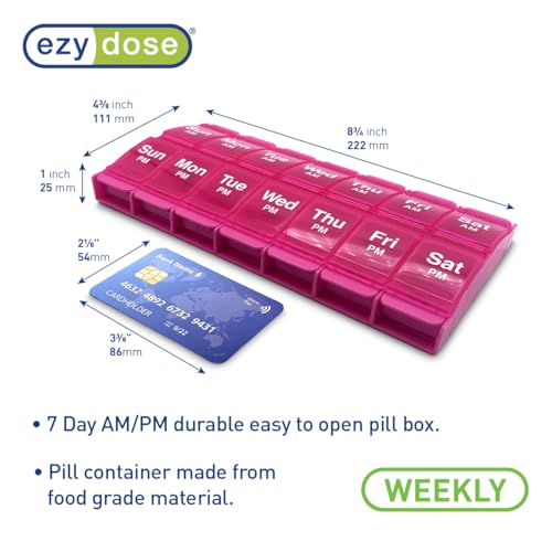 Image of Ezy Dose Weekly (7-Day) AM /PM Pill Organizer, X-Large Medicine Case, Pink | Daily Vitamin Box & Supplement Planner, 2 Times a Day Push Button Compartments, Arthritis-Friendly, Travel-Friendly, BPA-Free