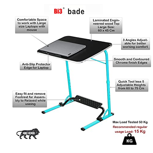 Image of Bade Large Size top Steel Wood 60 * 45 * 75 cm Multipurpose Laptop Table with footrest 5 Heights 3 Angles Adjustable, Study, Kids, Office and Dinning Table (Aqua Blue Color)