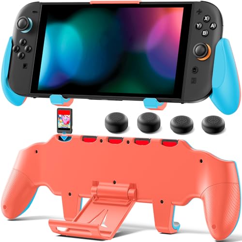 Image of OIVO Grip Compatible with Nintendo Switch 2, Switch 2 Ergonomic Grip Case with Adjustable Stand, Comfort Game Accessories with 5 Game Card Slots and 4 Thumb Caps, Blue Orange