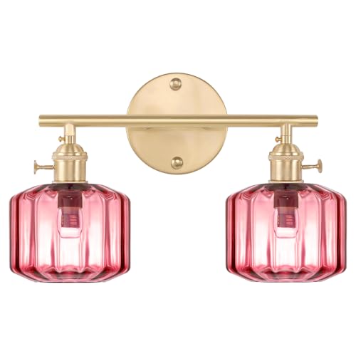 Image of Vintage Wall Light Brass Vanity Light Bathroom Light Fixtures 2-Light Wall Sconce with Purple Globe Glass Shades Vanity Lighting for Stairwell Living Room Bedside Bedroom