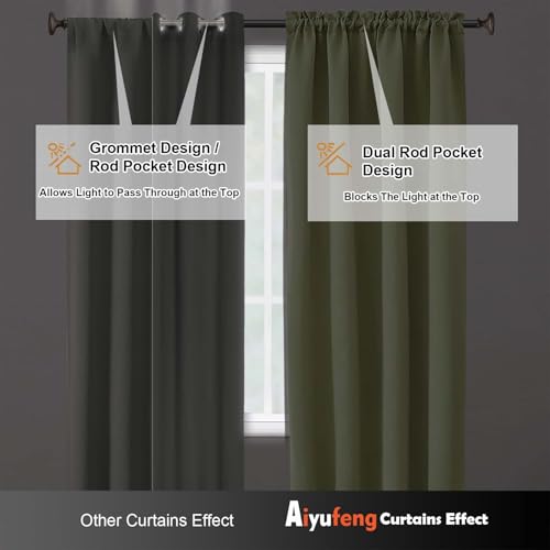 Image of Aiyufeng Sage Green Blackout Curtains for Bedroom 63 Inch Length 2 Panels Set, Solid Thermal Insulated Energy Saving Rod Pocket Window Treatment Curtains Blackout Drapes, W40 x L63 Inch, Sage