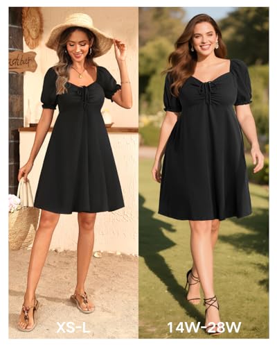 Image of Pinup Fashion Women Plus Size Casual Puff Sleeve Summer Sundress Smocked Short A Line Babydoll Cute Mini Dresses