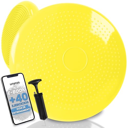 unycos - Cojín de Equilibrio【34 cm】con Bombín, Disco Propioceptivo, Antideslizante y Terapéutico que Resiste 150 kg, Soporte Lumbar para Yoga, Pilates, Fitness y Rehabilitación (Amarillo; Basic)