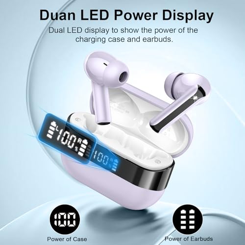Image of Wireless Earbuds, Bluetooth 5.4 Headphones HiFi Stereo, Bluetooth Earbuds with 4 ENC Mics, 48H Playtime Wireless Ear Buds with LED Display, IP7 Waterproof Bluetooth Earphones Purple