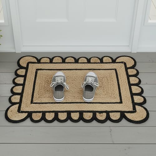 Braided Scalloped Jute Rug Natural with Black Trim, Handmade Farmhouse Boho Area Rug for Entryway, Kitchen, Hallway, Living Room, Bedroom, Rustic Woven Floor Rug - (Black- 2X3 ft)