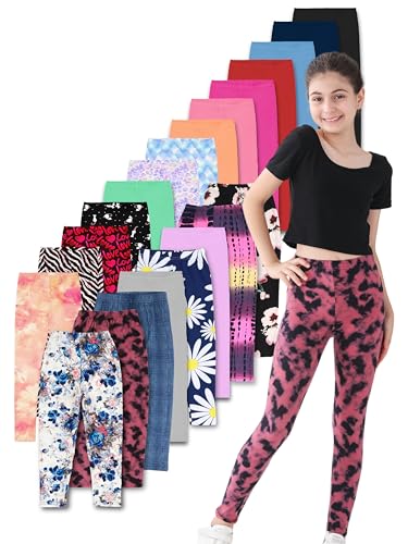 Elastic Waistband Leggings for Girls,6 Pack Roll Waist Leggings for Kids Girls Solid/Printed Pants
