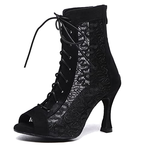 MINITOO Sexy Dance Heels for Women Elegant Open Toe Formal Party Evening Ankle Booties L546 Black 9cm Heel UK 5