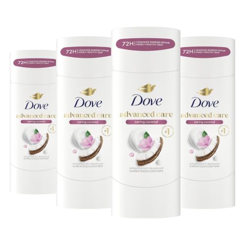 Dove Advanced Care Antiperspirant Deodorant Stick Caring Coconut 4 ct for helping your skin barrier repair after shaving 72-hour odor control and sweat protection with Pro-Ceramide Technology 2.6 oz