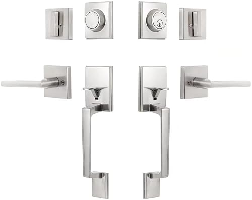GUA OYH Double Front Door Handle Set with Lever, Satin Nickel Handleset with Dum