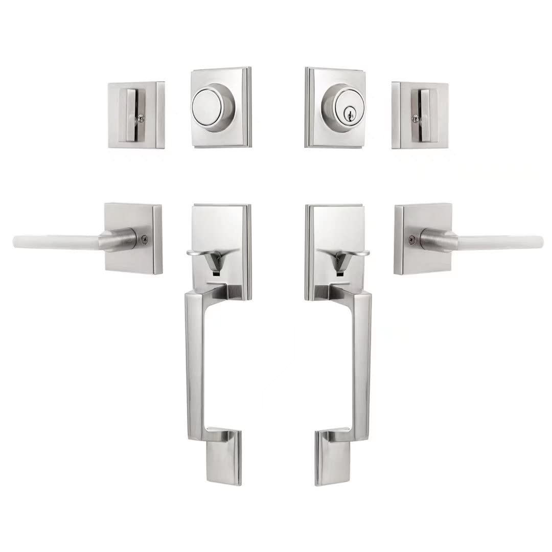 Door Handle Sets Double Front Door Handle Set with Handle Lever Satin Nickel Double Door Handleset with Dummy Heavy Duty Front Door Lock Set Double Door Handles for Front Door or Office Door