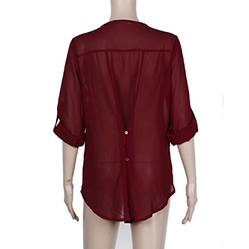 TOPUNDER Womens Loose Long Sleeve Chiffon Casual Blouse Shirt Tops Fashion Blouse (XL, Red) - Thumbnail 2