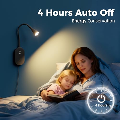 Image of deeloop LED Wall Mount Reading Lamp, CRI 95+ Wall Sconce Light with 10W USB Output,4 Color 5 Dimming Touch Control Wall Lamps with 4 Hours Auto-Off Bed Lighting Spotlight Black