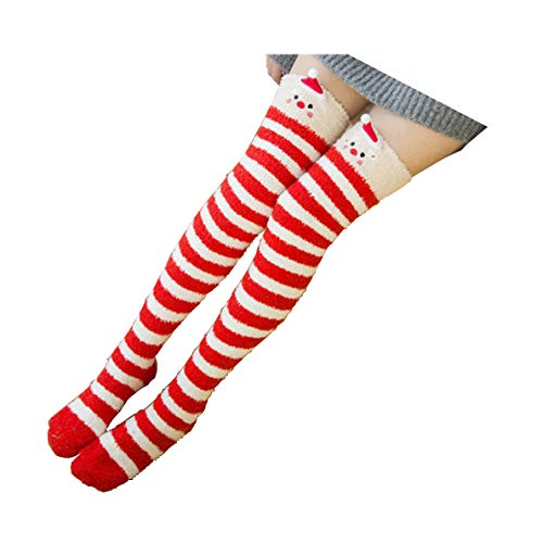 Binoster Mignon Panda Cuisse Longue Longue Rayée Chaussettes Corail Polaire Chaud Doux Au-dessus du Genou Haute Chaussettes, Meilleur Cadeau De Noël Femmes et Fille (Père Noël)