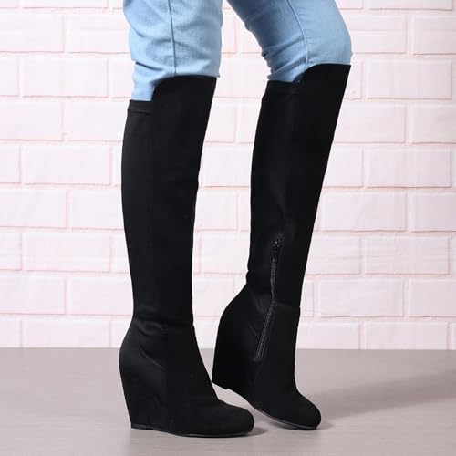 Over the Knee High Boots for Women Wedge Heel Suede Long Stretch Sexy Fashion Tall Boots Black Red US6-113