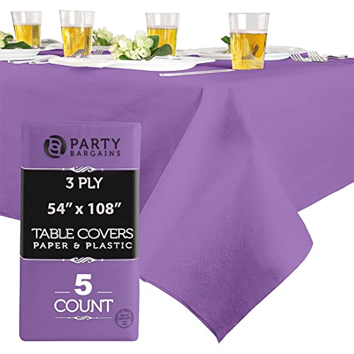 PARTY BARGAINS 5 Disposable Table Covers - 54" X 108" Purple Table Cover, 3 Ply Paper & Plastic Tablecloth