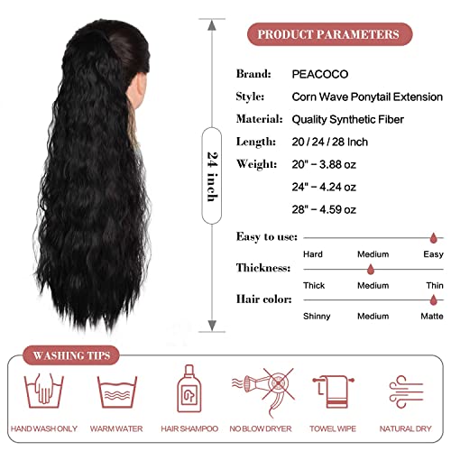 PEACOCO Corn Wave Ponytail for Black Women, 24 Inch Long Wavy Curly Hair Fluffy Pony Tail Hair Piece Magic Paste Synthetic Wrap Around Ponytail Extension (1B)