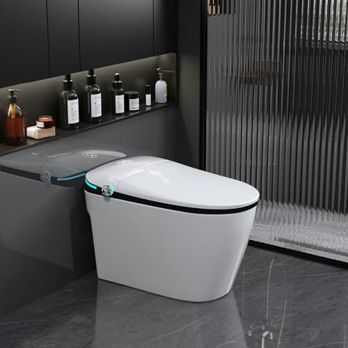 Sanitario inteligente con bidé, apertura automática, sensor de pie, lavado con agua tibia, asiento calefaccionado, secador de aire tibio, pantalla LED, luz nocturna, blanco miniatura 2