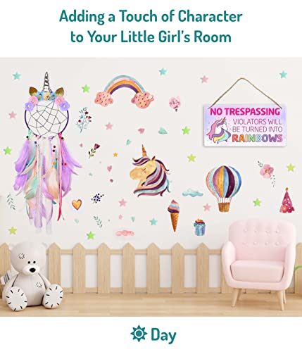 Unicorn Bedroom Decor For Girls, Unicorn Wall Decor, Unicorn Dream Catcher With Glowing Stars Wall Decal, Girls Room Decor Set #TOP2