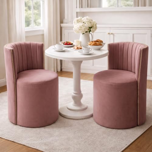 Image of Luxury Velvet Ottoman Chair Pouffe Stool-Modern Round Soft-Padded Chair for Dining Room, Living Room /Cafeteria Seating /Bedroom and Dressing Area /Ottoman with Backrest (Pink)