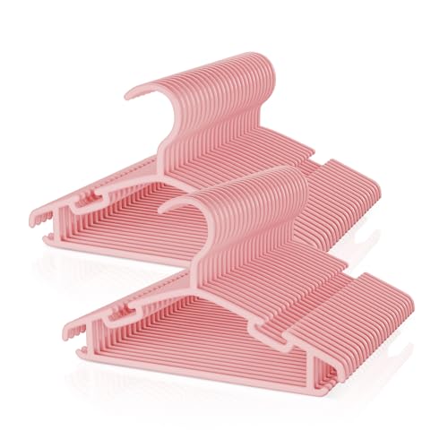 Image of VILICK Kids Plastic Hangers, Baby Clothes Hangers for Closet 50 Packs Non-Slip Toddler Hangers for Infant Child Clothing for Pants Coats Skirts (Pink)
