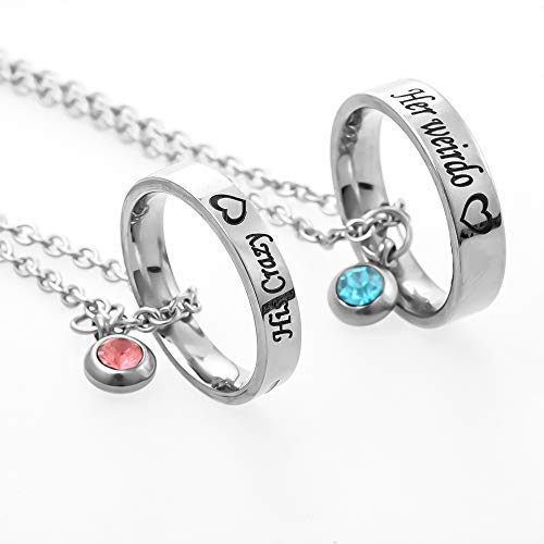 Mjartoria Matching Necklaces For Couples, His And Hers Engraved Rhinestone Ring Pendant Set Gifts For Boyfriend Girlfriend(Silver-Her Weirdo His Crazy) #TOP7