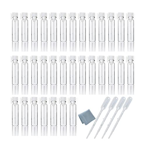 Elfensatll- 100PCS Clear 1ml 1/4 Dram Empty Glass Sample Test Tube Vials Jar with 0.5ml 10pcs Pipettes Droppers for Party Makeup Tool Essential Oils Aromatherapy Perfume Sample