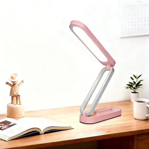 Rechargeable LED Desk Lamp Foldable Portable Table Light with 3 Brightness Levels Type-C USB Charging Small Desk Lamp Portable Bedside Wireless Reading Light Home Office Nail Art Craft Pink