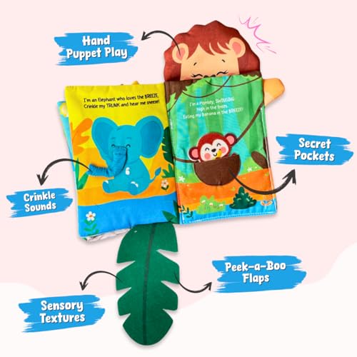Image of Jungle Peek-A-Boo Cloth Book for Babies 6-18 Months | Soft Interactive Lift-the-Flap Toy | Sensory Crinkle Fabric Book | Early Learning Animal Activity Toy for Infants & Toddlers