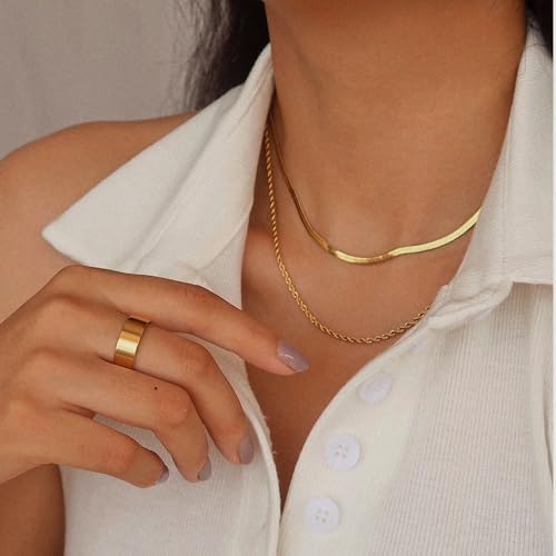 Image of Freekiss Layered Necklace Set for Women Stackable | Herringbone Snake Cuban Rope Chain, Dainty Choker, Layered Stackable, Non Tarnish, Hypoallergenic, Adjustable 14-18.5 inch