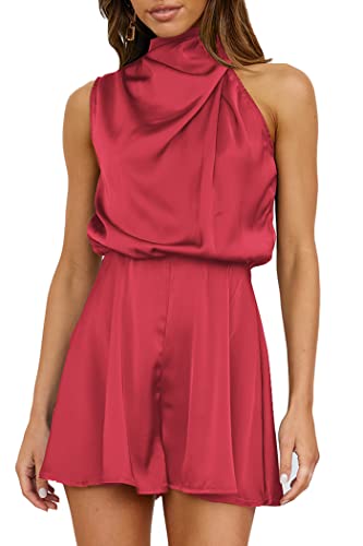 PRETTYGARDEN Summer Romper For Women One Piece Satin Outfits Casual Mock Neck Beach Party Short Jumpsuits (Red,Small)