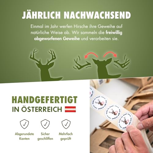 FOURLEGS® natürlicher Kausnack für Hunde aus 100% Hirschgeweih - Mineralstoffe, Kauspielzeug, Kaustange, Wildgeschmack, Geweih, Knochen, Hirsch, Kauartikel - Größe M ganz