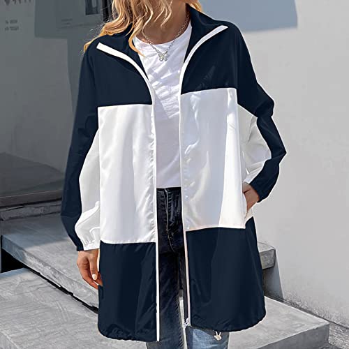 Narhbrg Rain Jacket For Women's Color Block Trench Jackets Loose Hooded Oversized Windbreaker Coats Comfy Outdoor Sports Outwear #TOP3