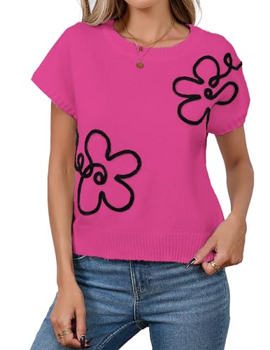 Image of Libsorge Womens Cute Flower Cap Sleeve Sweater Vest Spring 2025 Lightweight Ribbed Knit Crewneck Knit Top