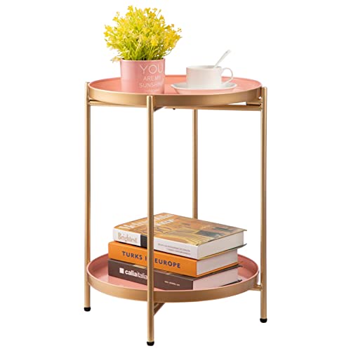 Image of HollyHOME 2-Tier Round Gold Side Table, Outdoor Small Folding Accent Stand with Removable Tray, Anti-Rust Metal Asional Table for Balcony Patio Living Room, Nightstand for Bedroom(Gold&Pink)
