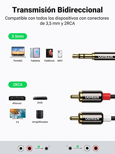 UGREEN Cable Jack 3.5mm a 2 RCA con HiFi Sonido de 2RCA Minijack a Macho Audio Estéreo para Móvil Tablet PC iPod Amplificador Altavoz TV DVD (1M) - imagen 3