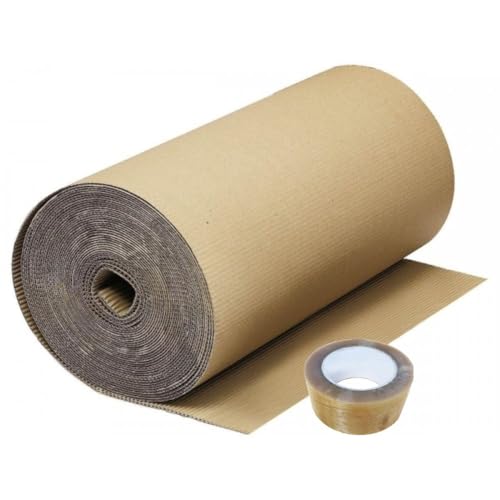 Rollo cartón ondulado kraft para embalaje y manualidades de 90 cm x 25 m + rollo precinto de 48mm x 66 m, ideal para proteger el suelo en las obras y pintores.
