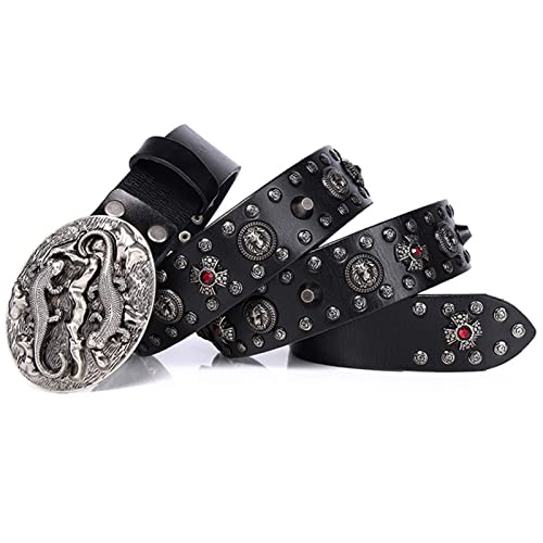 Studded Leather Belt With Lizard Filigree Buckle - Punk Rivet Inlay Red Crystal Circular Design