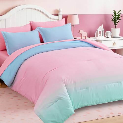 Image of Dinjoy Girls Comforter Set 7 Pieces, Queen Size Colorful Ombre Rainbow Bedding Set, Bed in A Bag for Kid Teen Girls (1 Comforter, 1 Flat Sheet, 1 Fitted Sheet, 2 Pillow Shams, 2 Pillowcases)