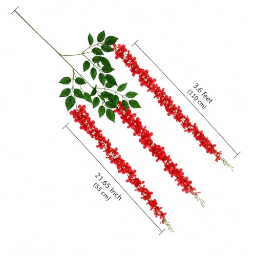 Image of Tia Crafts Polyester Artificial Hanging Flowers For Ceiling Balcony | Wisteria Vine | Home Party Decor Garden Outdoor Greenery Office Wall Decoration | Waterproof Washable - 3.7Ft /45 Inch (Red, 12)