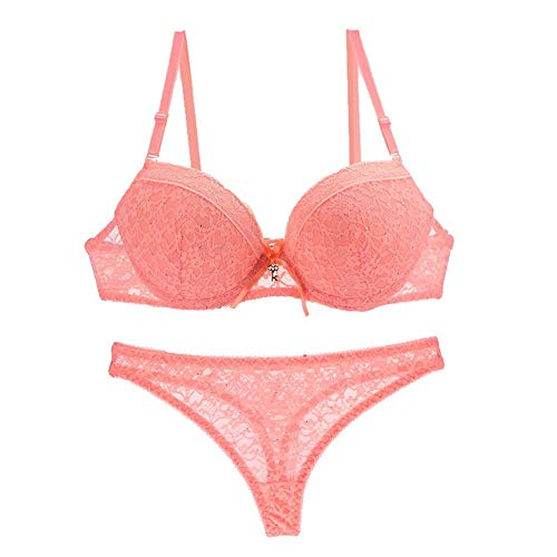 Soutien-gorge push-up dentelle orange 32C avec culotte bikini assurant un maintien galbé invisible