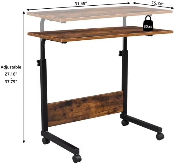 Rolling Desk Adjustable Height Mobile Side Table with Wheels Retro P2 Chipboard Steel 31.5x15.7in
