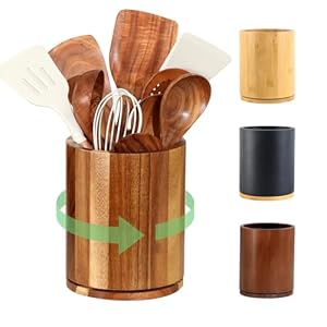 Wooden Utensil Holder, 360°Rotating 7.3” Large Utensil Holder for Kitchen Counter, Kitchen Utensil Organizer, Utensil Crock, Farmhouse Kitchens Countertop Decor, Acacia Wood