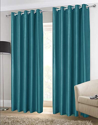 Value Comfort Home Luxury Pair of Faux Silk Eyelet Ring Hang Top Fully-Lined Curtains With Tie-Backs teal 66x72
