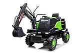 Elektrischer Bagger für Kinder Elektroauto Excavator 12V mit Baggerschaufel vorne, Einsitzer, grün, weicher Kunstledersitz, 2 x 35W Motor, Eva-Räder, 12V/14Ah Akku