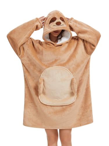 LATH.PIN Wearable Blanket Hoodie with Sloth Hood Warm Fleece Sherpa Oversized Sweatshirt Blanket for Adults