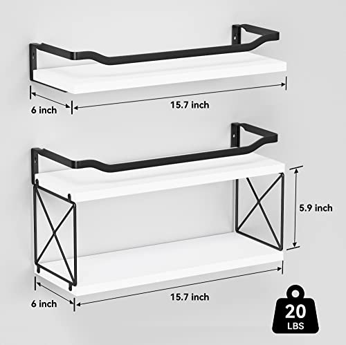 Wopitues Floating Shelves, Bathroom Shelves Over Toilet, Wall Shelves With Protective Metal Guardrail, Wood Shelves For Bathroom, Bedroom, Living Room, Kitchen, Plants, Books, Decor- White #TOP2