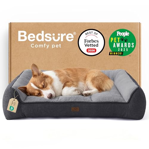 Bedsure SupportMax™ Orthopedic Dog Bed Medium Size Dog - As Seen on TV Extra Thick Supportive Medium Dogs Beds with Waterproof Washable Cover, Comfort Pet Bed Sofa with Soft Sherpa, Grey, 35'